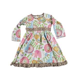 Ann Loren girls dress sz 6 long sleeve zoo animal floral print leopard cotton